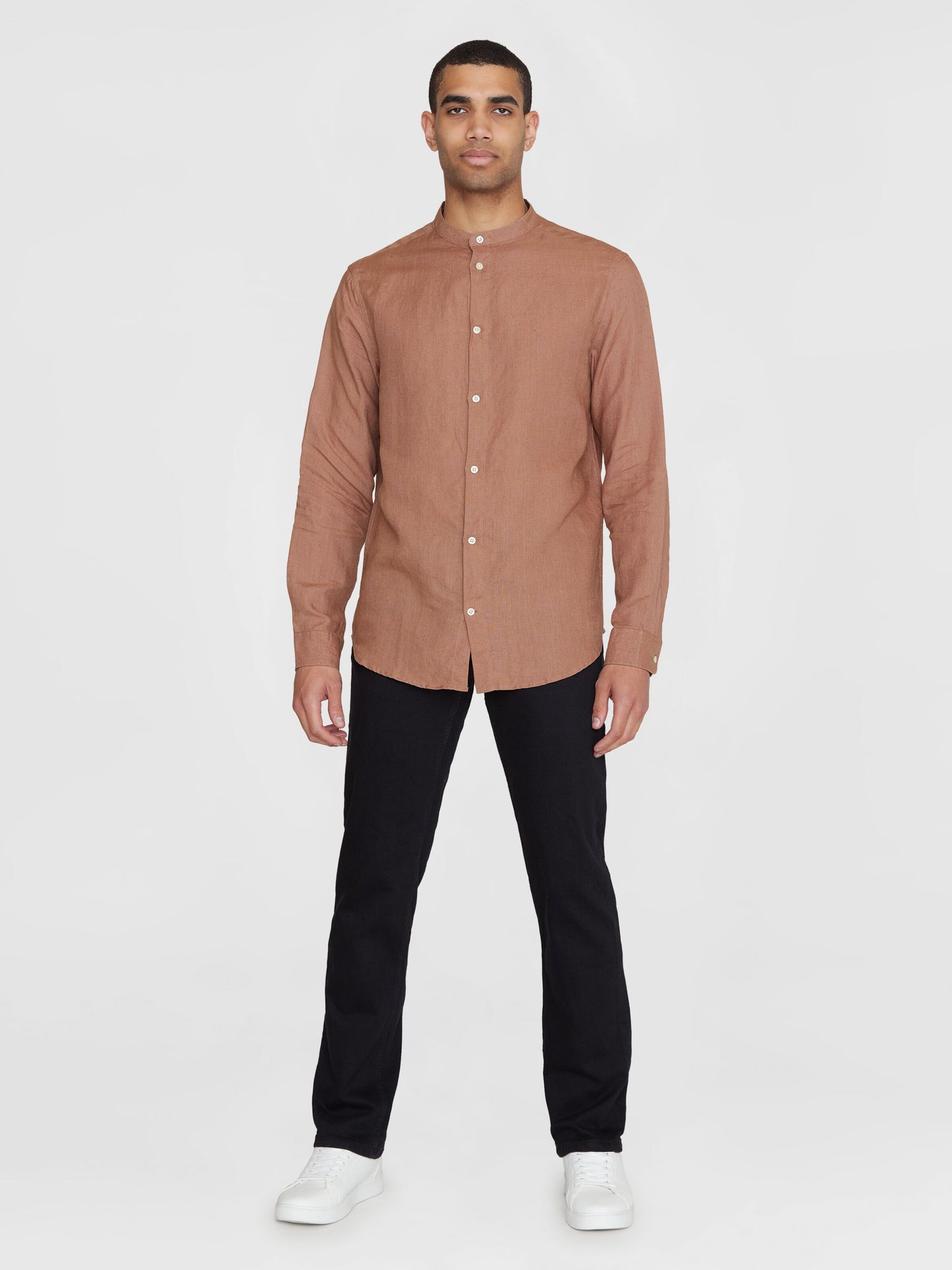 KCA - Regular linen stand collar shirt Chocolate Malt