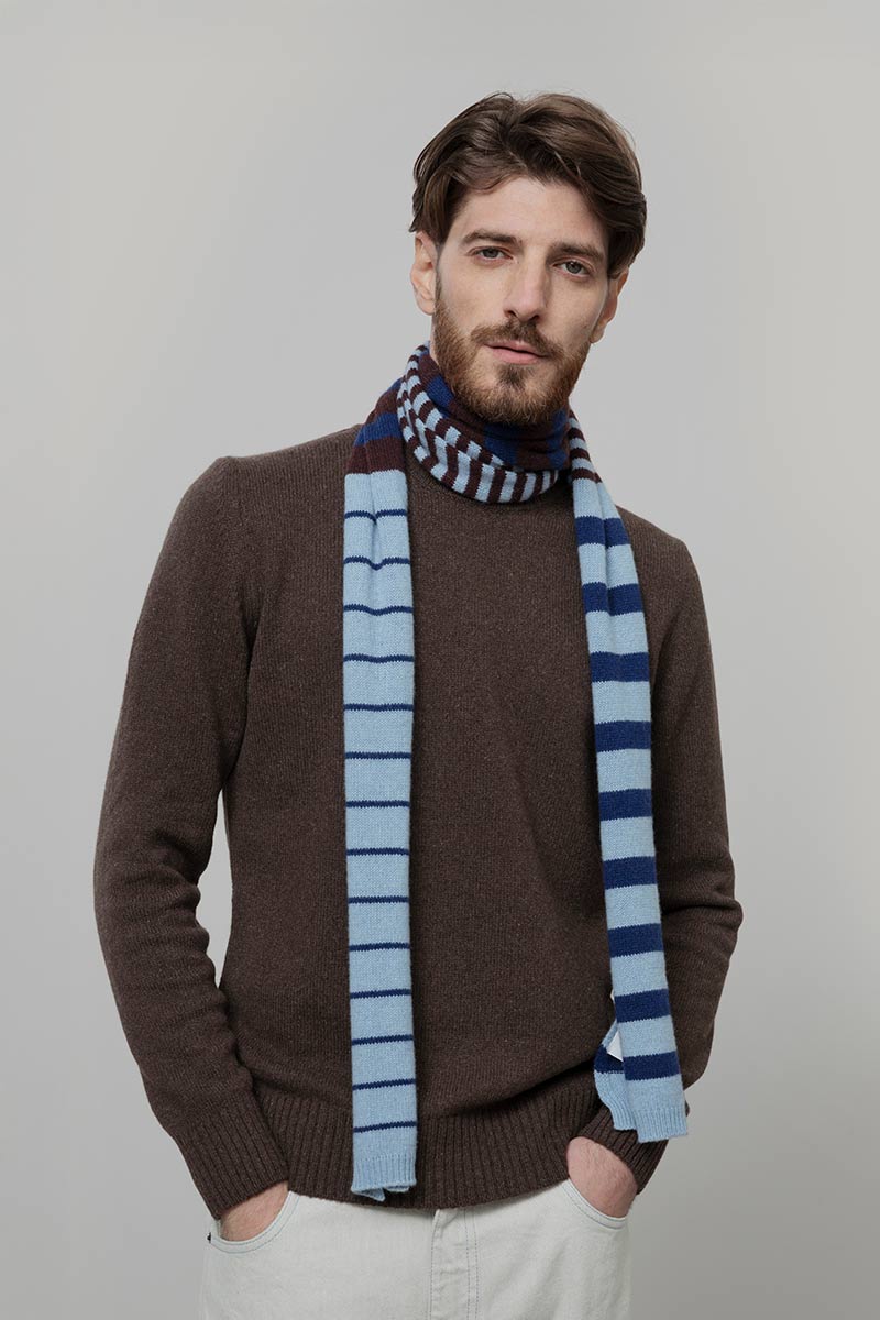 Rifo - Rino Cashmere Striped Skinny Scarf Multicolor Sky