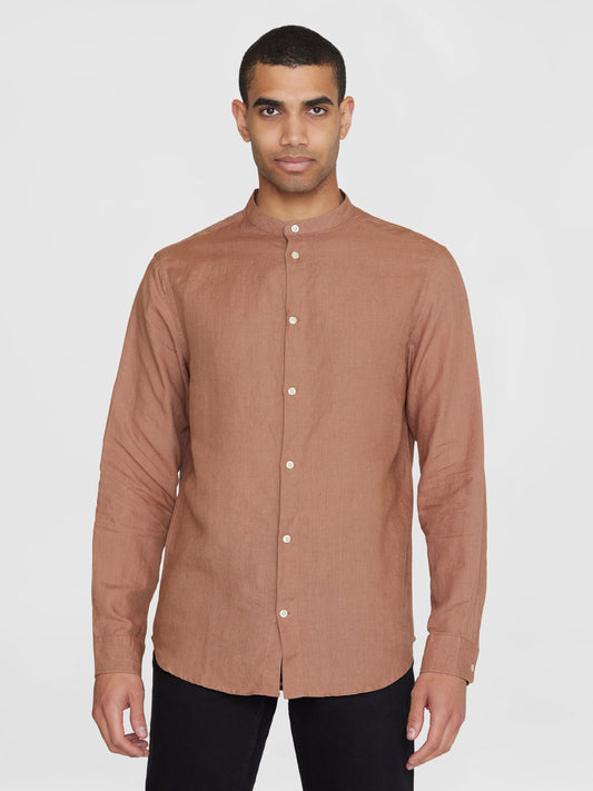 KCA - Regular linen stand collar shirt Chocolate Malt
