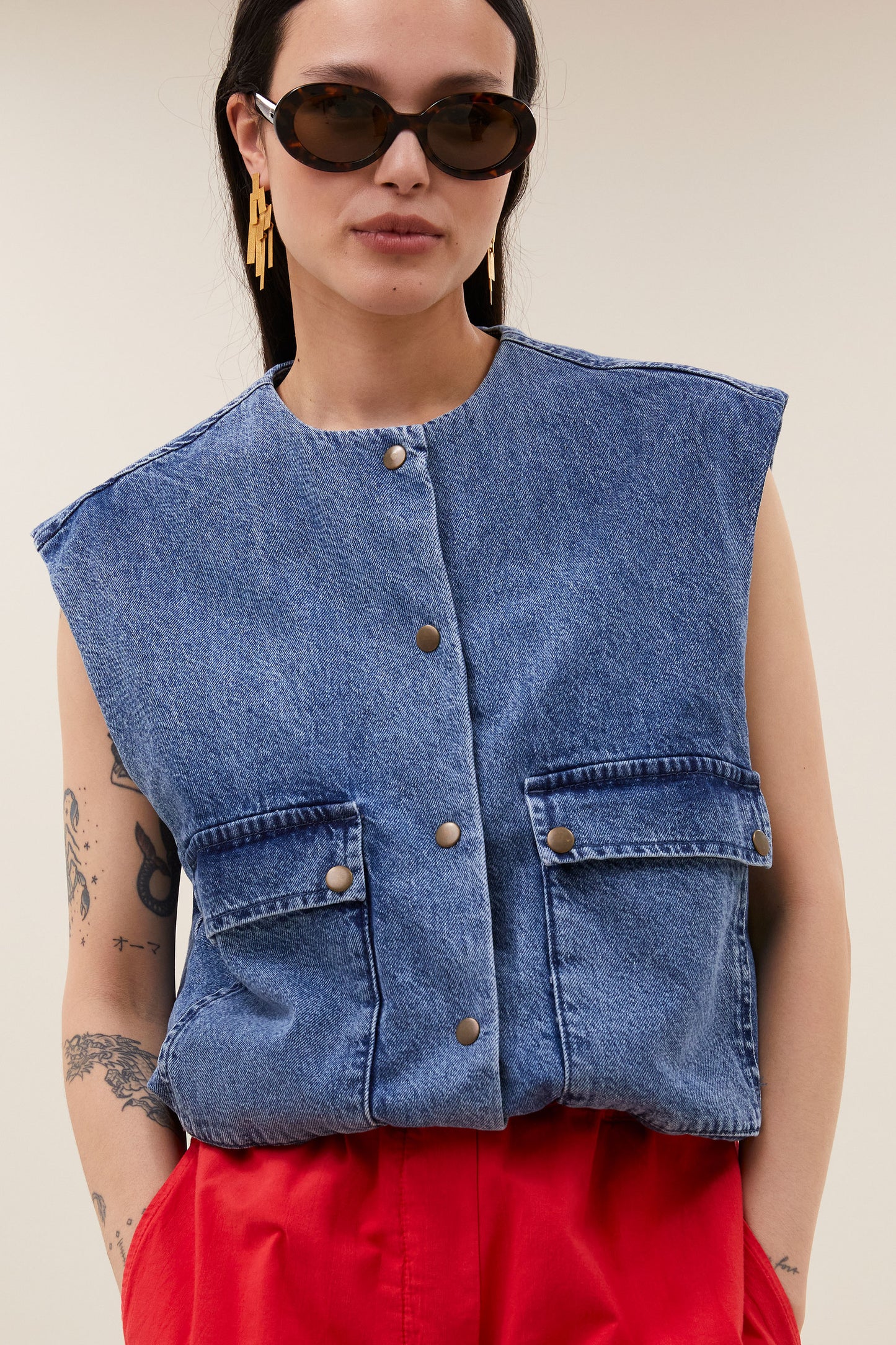 by-bar - Maggie denim sleeveless jacket mid denim - WERTE FREUNDE