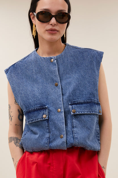 by-bar - Maggie denim sleeveless jacket mid denim - WERTE FREUNDE