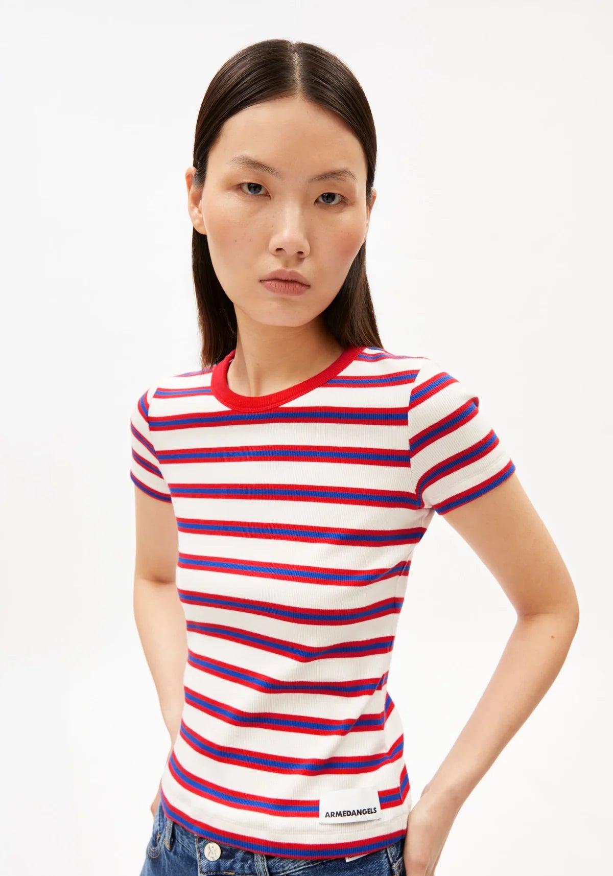 Armedangels - KARDAA GESTREIFTES RIPP-T-SHIRT light oatmilk-mars red-dynamo blue - WERTE FREUNDE