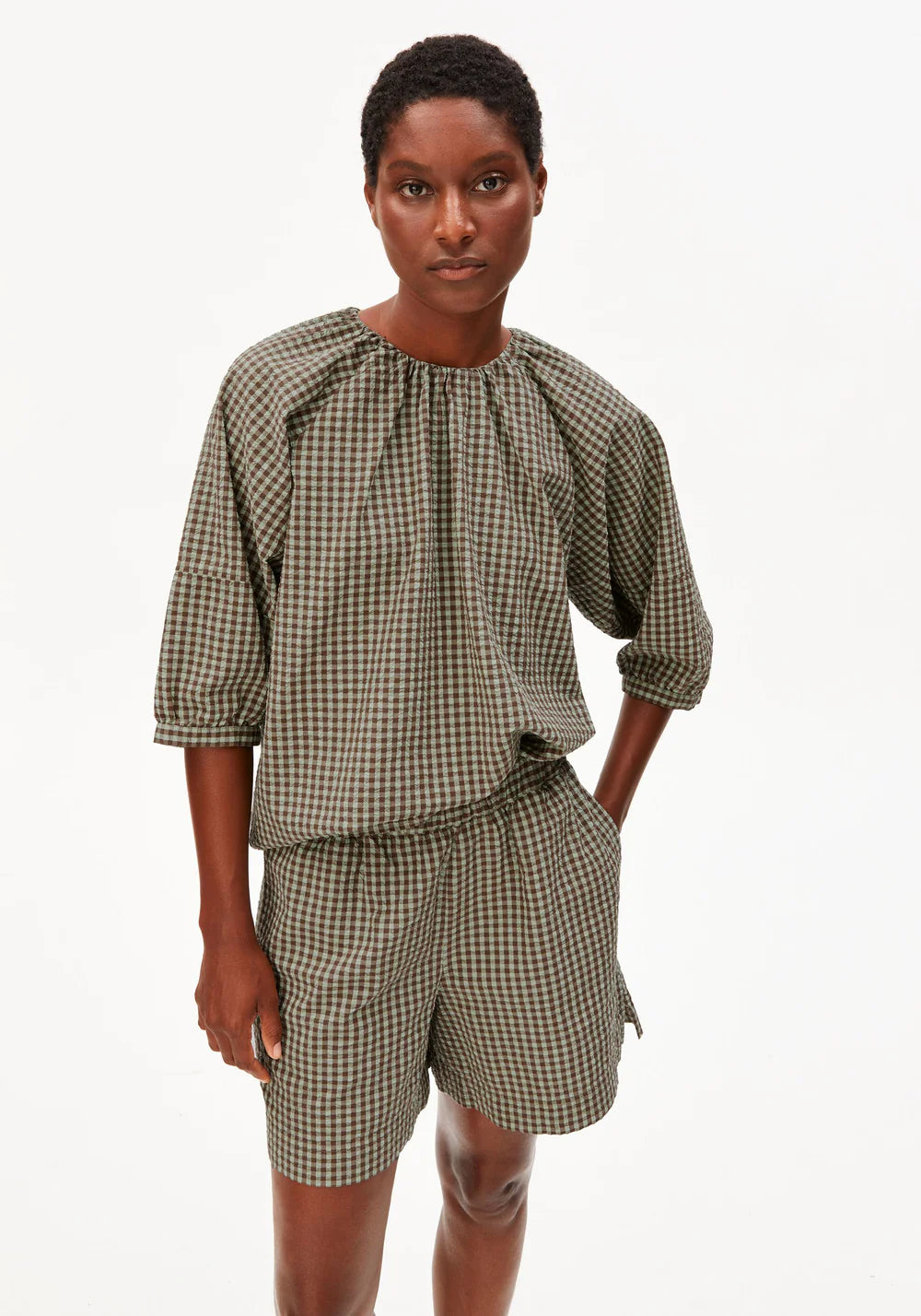 Armedangels - VICHY SEERSUCKER BLOUSE foam-dried palm - WERTE FREUNDE