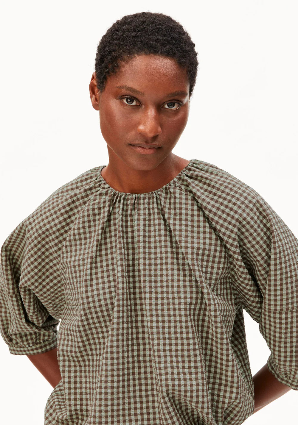Armedangels - VICHY SEERSUCKER BLOUSE foam-dried palm - WERTE FREUNDE