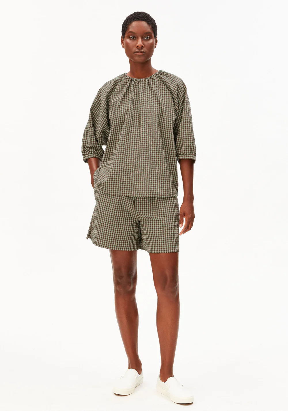 Armedangels - VICHY SEERSUCKER BLOUSE foam-dried palm - WERTE FREUNDE