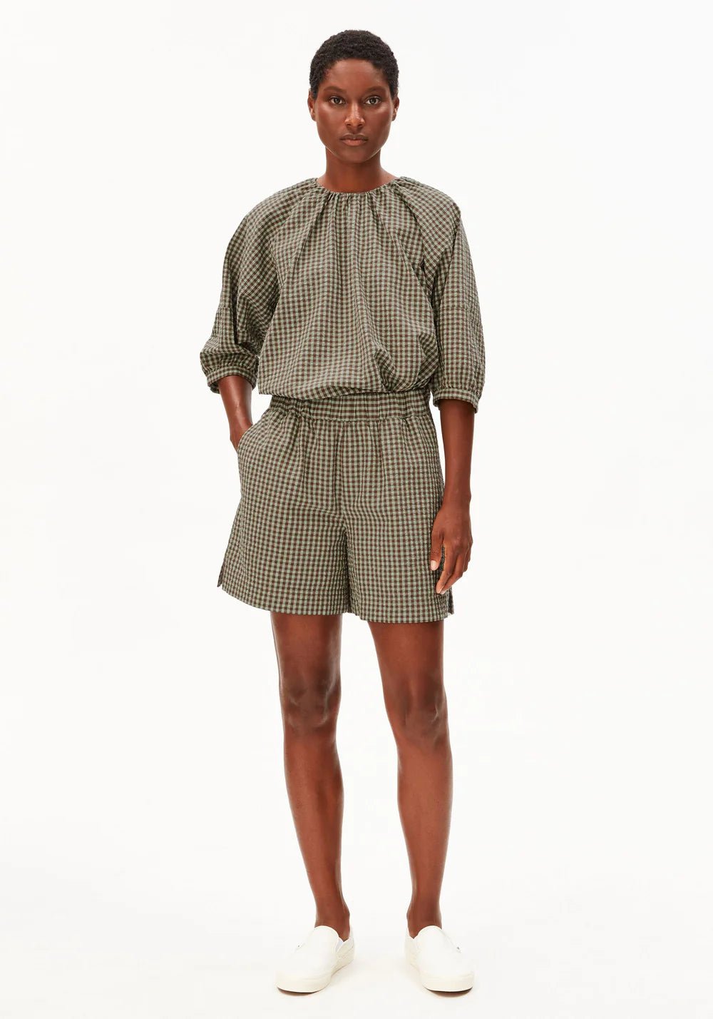 Armedangels - VICHY SEERSUCKER SHORT foam-dried palm - WERTE FREUNDE