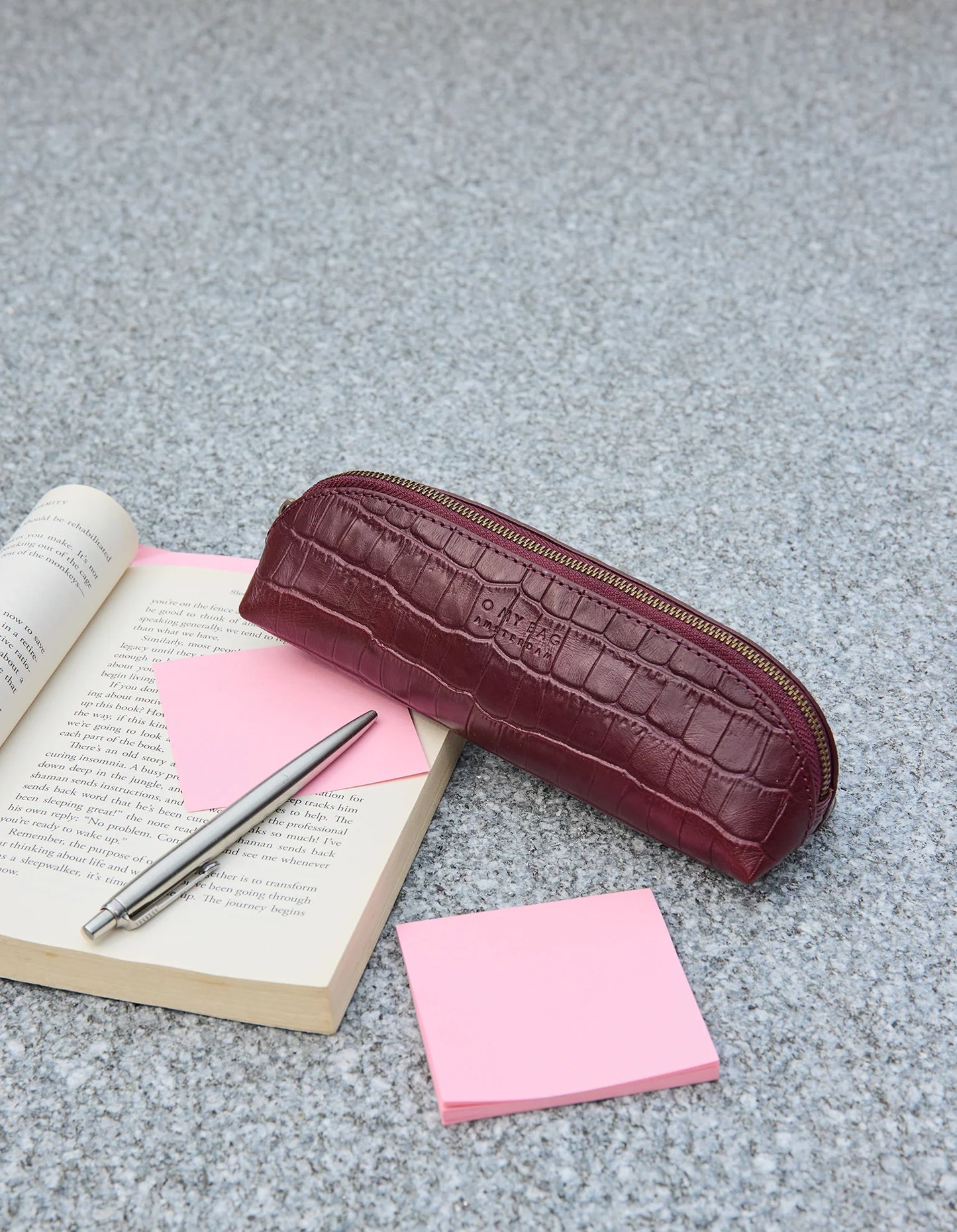 O MY BAG - Pencil Case Large - Dark Cherry Croco Leather - WERTE FREUNDE