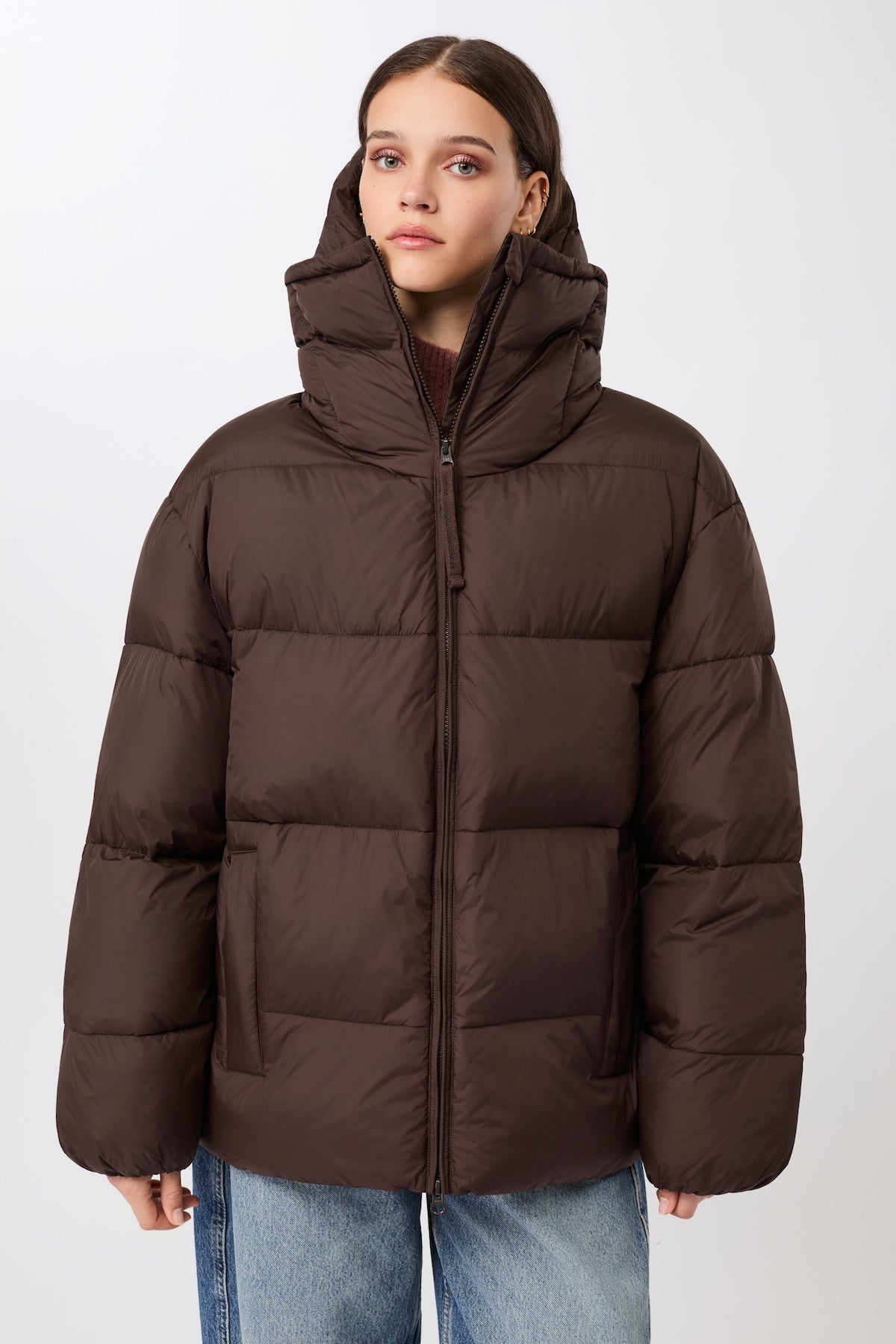 LangerChen - Steppjacke mit Kragen und abnehmbarer Kapuze coffee