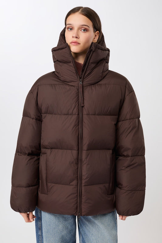 LangerChen - Steppjacke mit Kragen und abnehmbarer Kapuze coffee