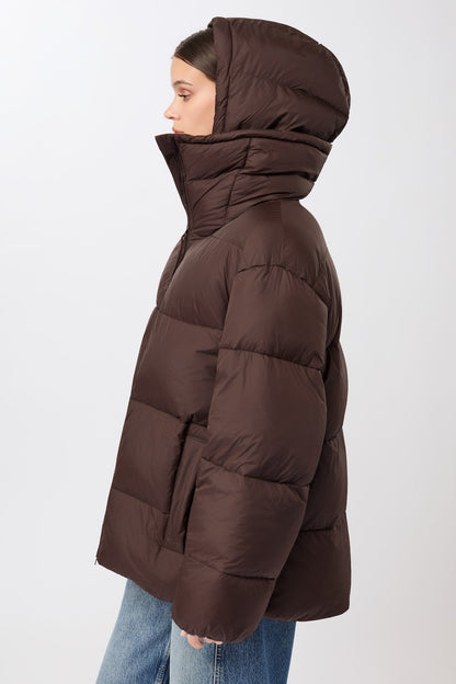 LangerChen - Steppjacke mit Kragen und abnehmbarer Kapuze coffee