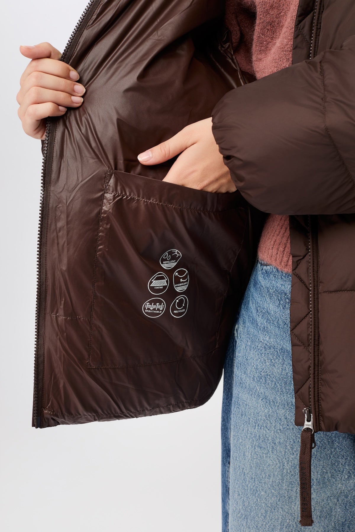 LangerChen - Steppjacke mit Kragen und abnehmbarer Kapuze coffee