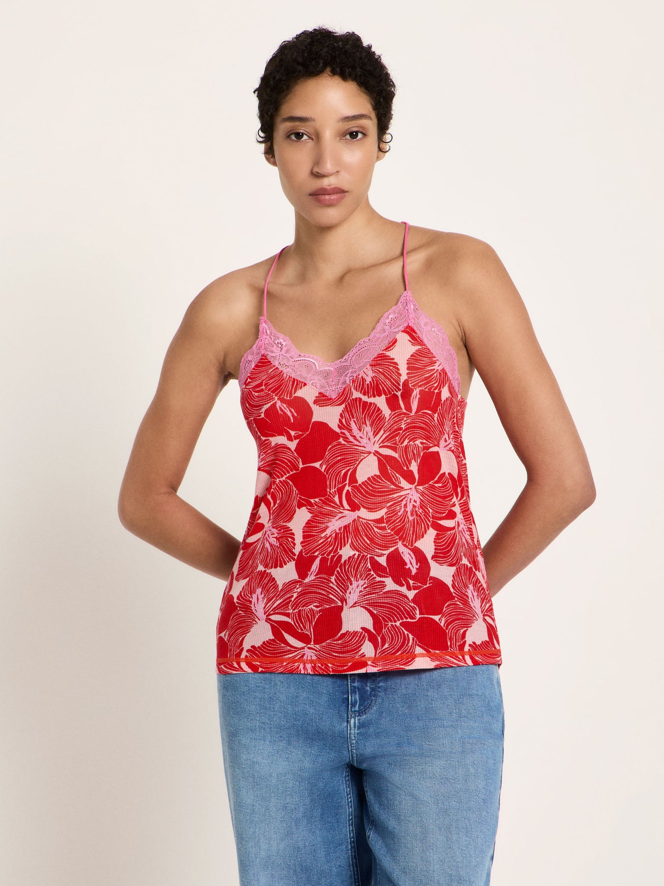 LANIUS - Spitzentop aus TENCEL print bloom red - WERTE FREUNDE