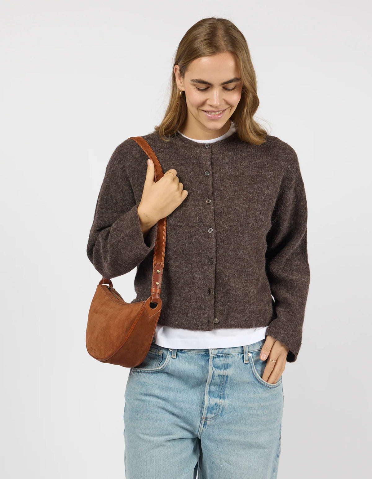 O MY BAG - Leo Midi Crossbody Strap Suède Cognac