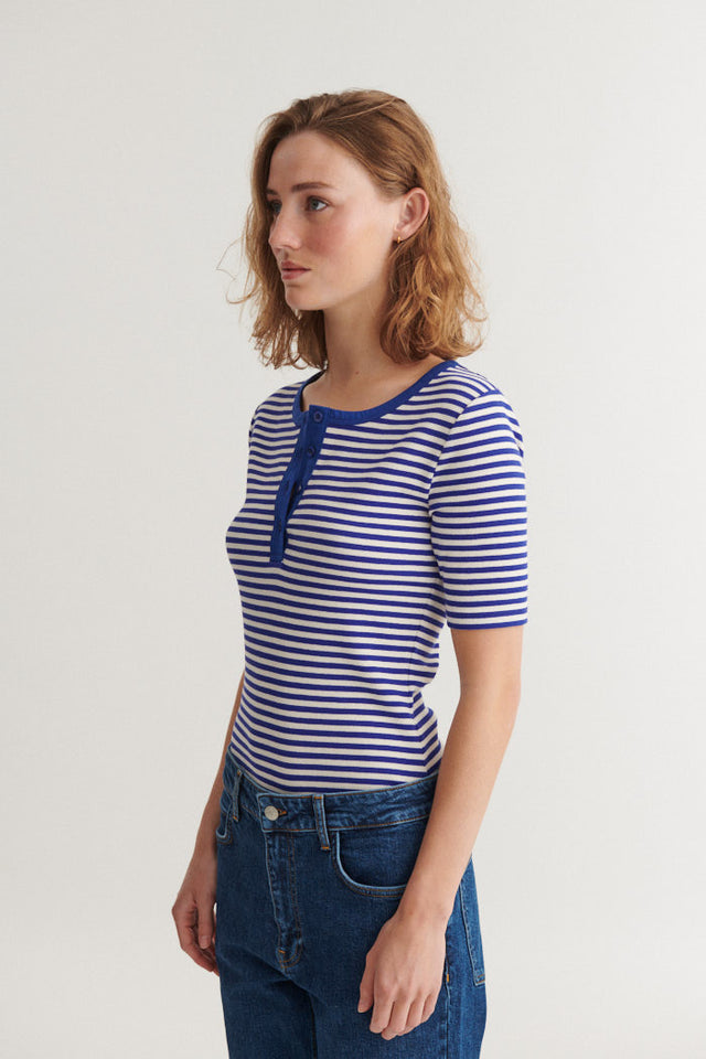 Basic Apparel - Ludmilla SS Stripe Granddad T-Shirt Sodalite blue / whisper white - WERTE FREUNDE