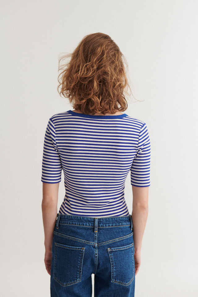 Basic Apparel - Ludmilla SS Stripe Granddad T-Shirt Sodalite blue / whisper white - WERTE FREUNDE