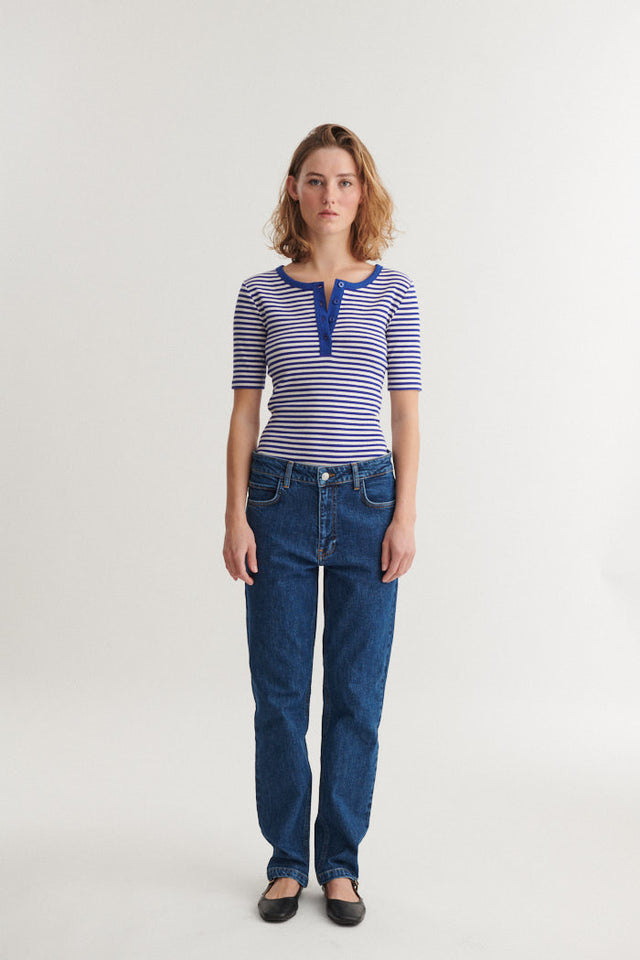Basic Apparel - Ludmilla SS Stripe Granddad T-Shirt Sodalite blue / whisper white - WERTE FREUNDE