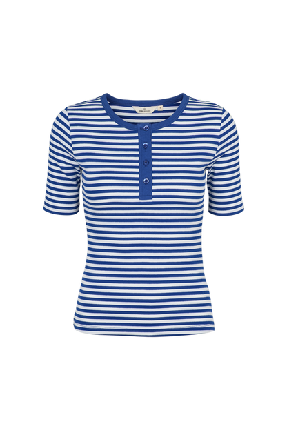 Basic Apparel - Ludmilla SS Stripe Granddad T-Shirt Sodalite blue / whisper white - WERTE FREUNDE