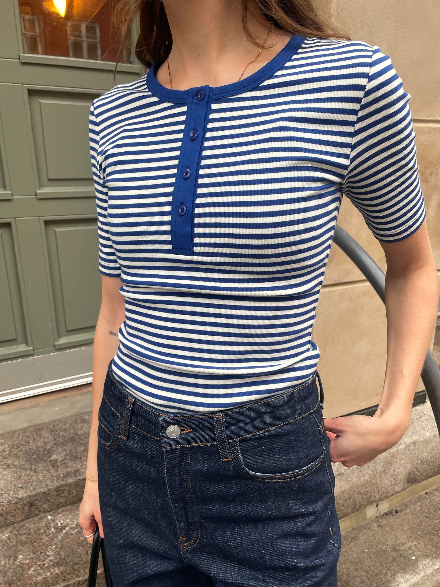 Basic Apparel - Ludmilla SS Stripe Granddad T-Shirt Sodalite blue / whisper white - WERTE FREUNDE