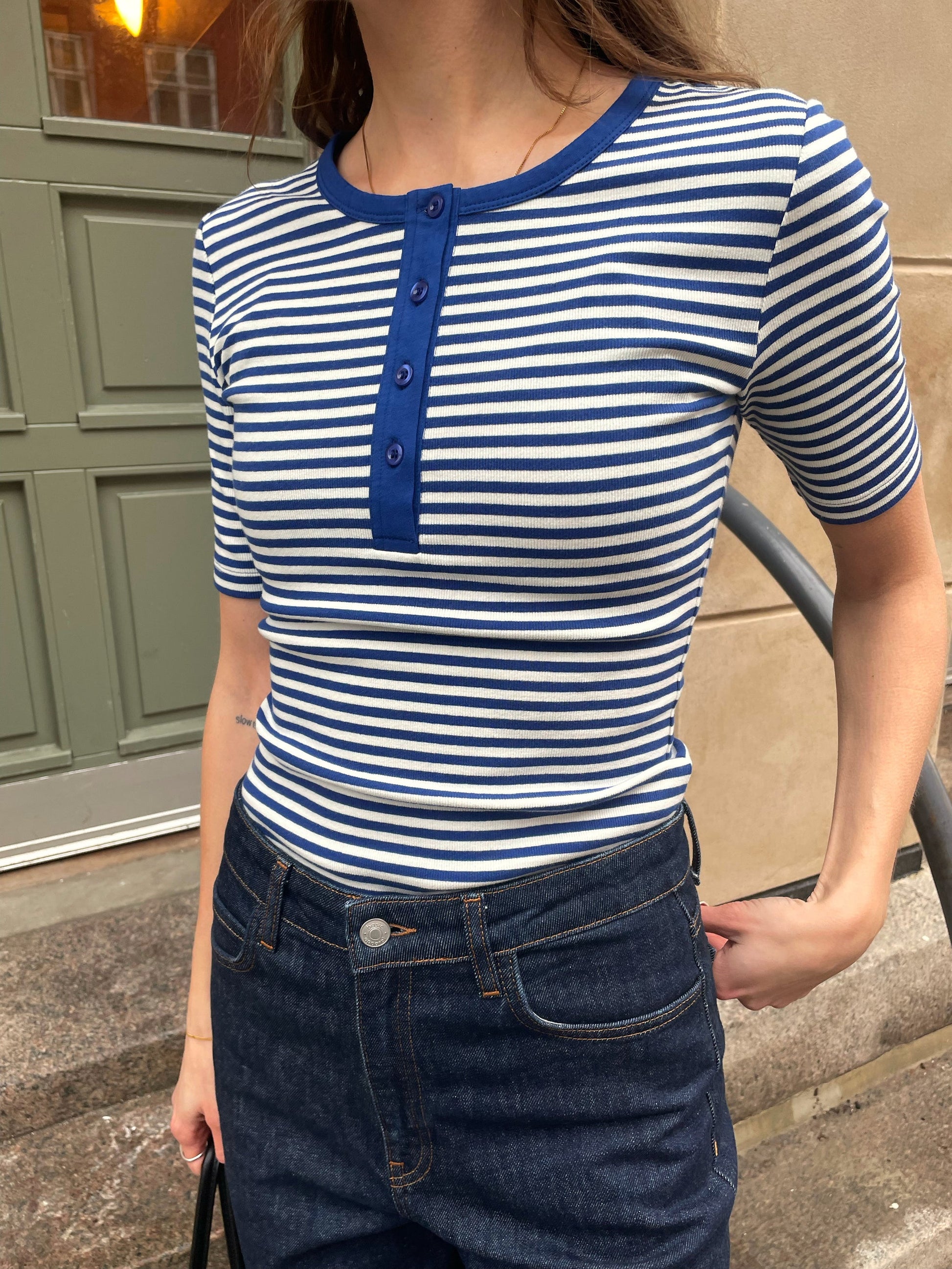 Basic Apparel - Ludmilla SS Stripe Granddad T-Shirt Sodalite blue / whisper white - WERTE FREUNDE