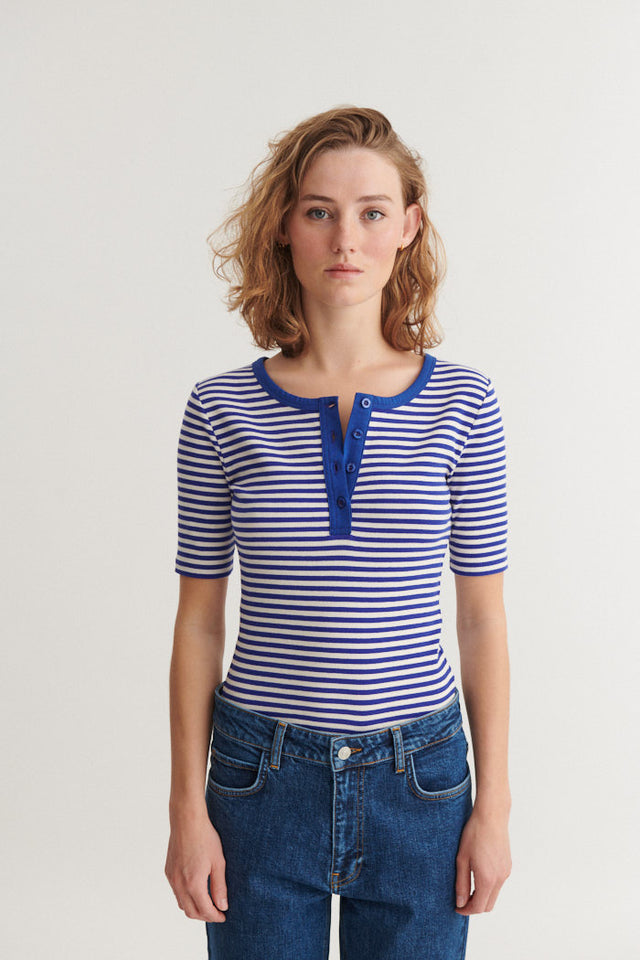 Basic Apparel - Ludmilla SS Stripe Granddad T-Shirt Sodalite blue / whisper white - WERTE FREUNDE