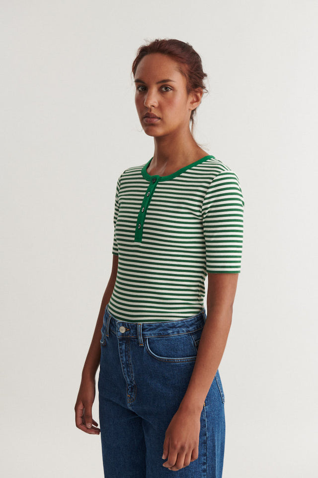 Basic Apparel - Ludmilla SS Stripe Granddad T-Shirt Abundant green / whisper white - WERTE FREUNDE