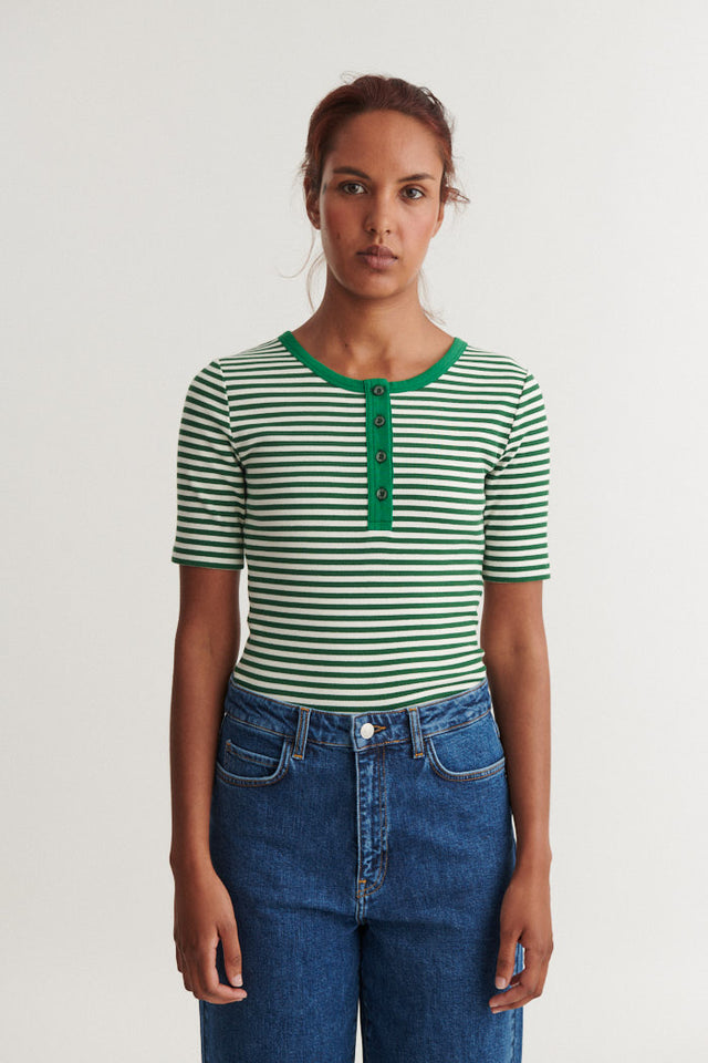 Basic Apparel - Ludmilla SS Stripe Granddad T-Shirt Abundant green / whisper white - WERTE FREUNDE