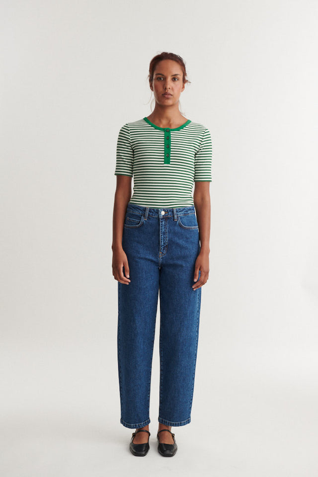 Basic Apparel - Ludmilla SS Stripe Granddad T-Shirt Abundant green / whisper white - WERTE FREUNDE