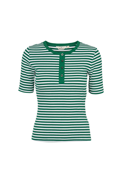 Basic Apparel - Ludmilla SS Stripe Granddad T-Shirt Abundant green / whisper white - WERTE FREUNDE