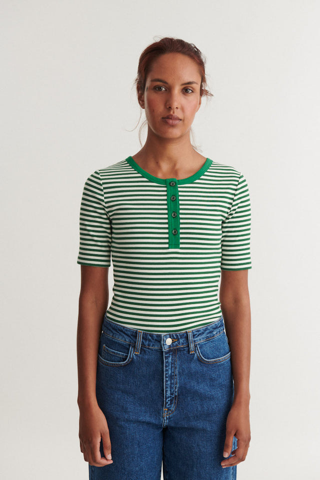 Basic Apparel - Ludmilla SS Stripe Granddad T-Shirt Abundant green / whisper white - WERTE FREUNDE