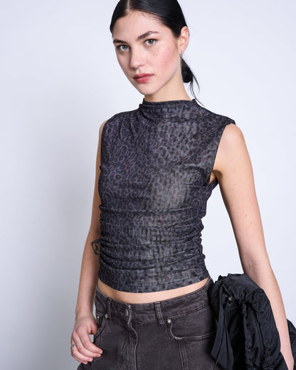 JAN N JUNE - LAGUNA RUFFLE MESH TOP dark leo print