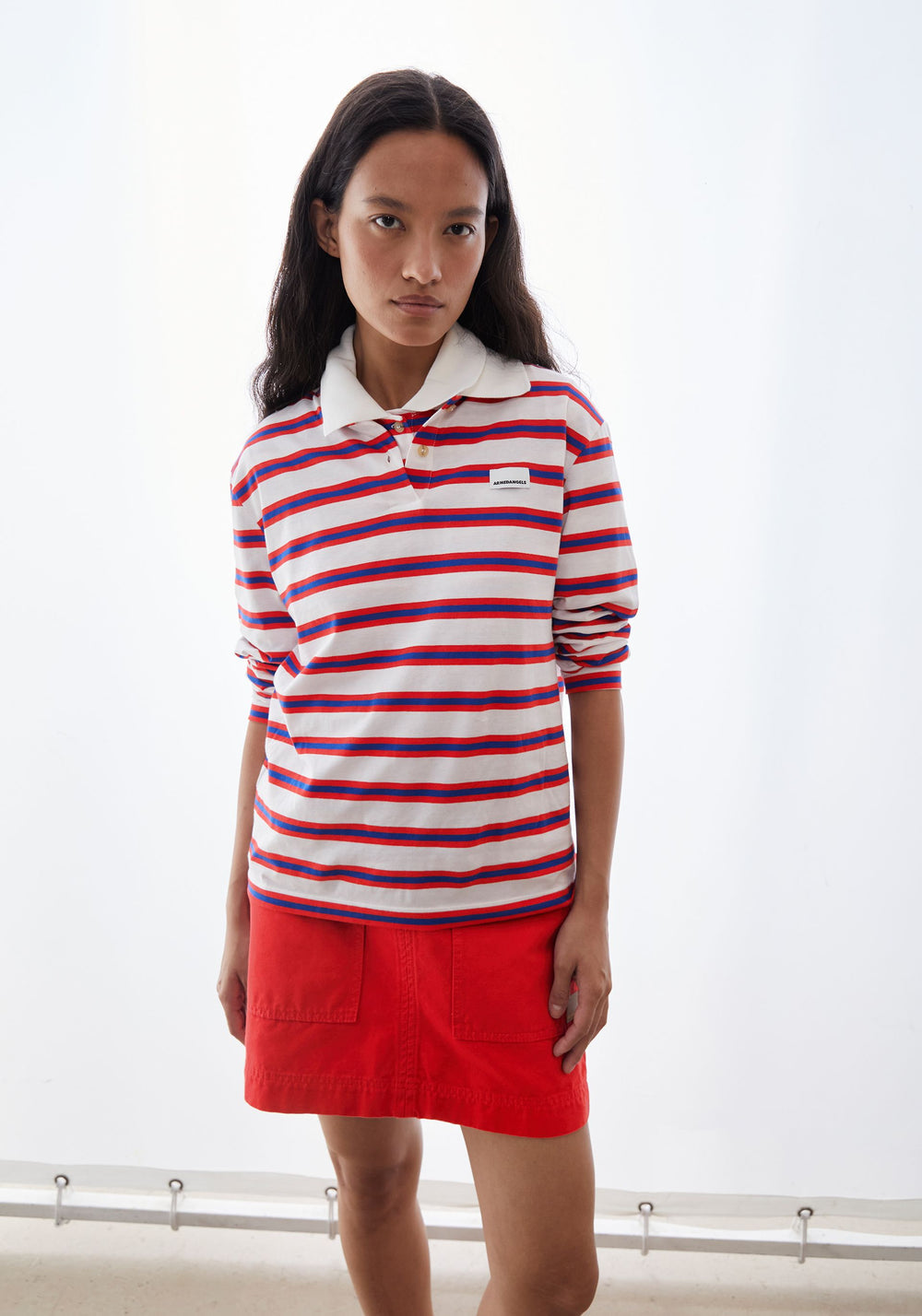 Armedangels - GESTREIFTES POLOLANGARMSHIRT light oatmilk-mars red-dynamo blue - WERTE FREUNDE