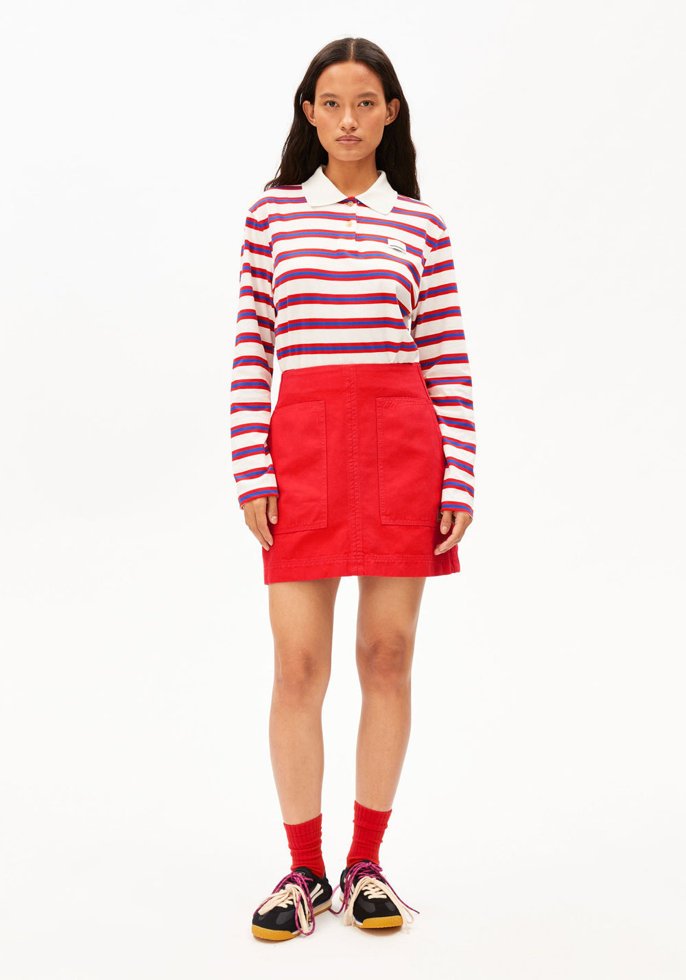 Armedangels - GESTREIFTES POLOLANGARMSHIRT light oatmilk-mars red-dynamo blue - WERTE FREUNDE