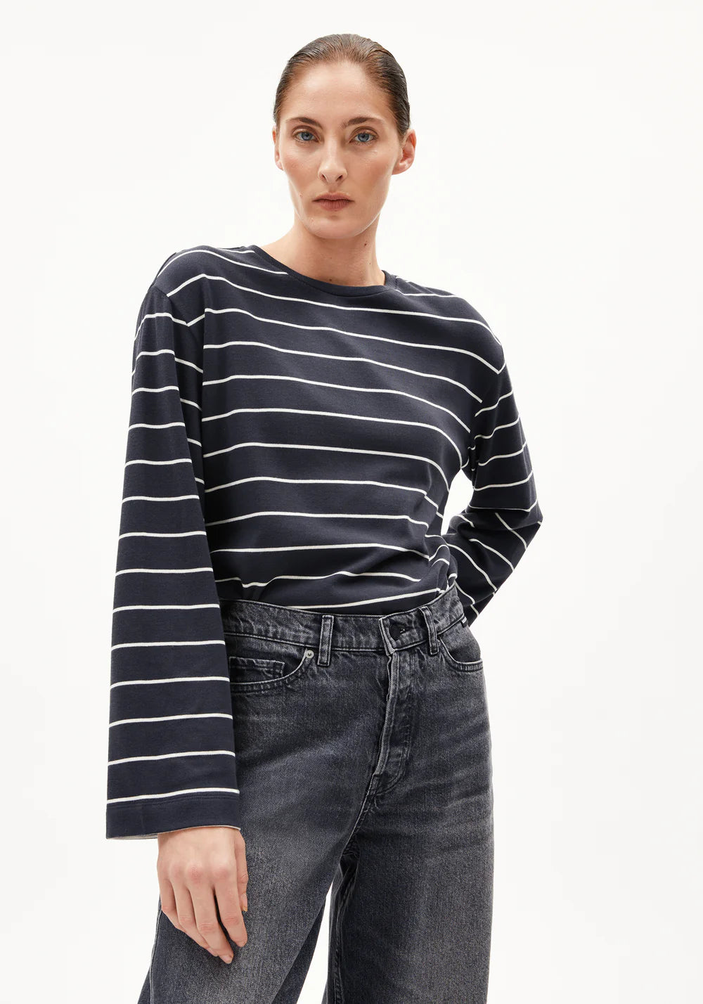 Armedangels - MARYNAA FINE STRIPE Jersey Shirts Longsleeve dark steel-oatmilk - WERTE FREUNDE