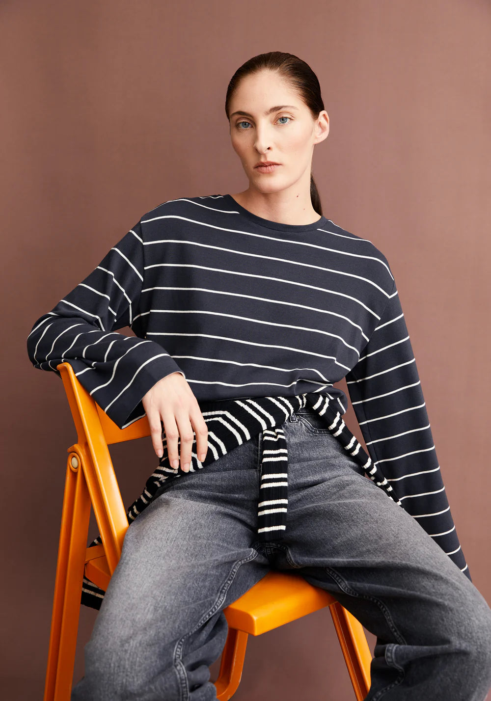 Armedangels - MARYNAA FINE STRIPE Jersey Shirts Longsleeve dark steel-oatmilk - WERTE FREUNDE