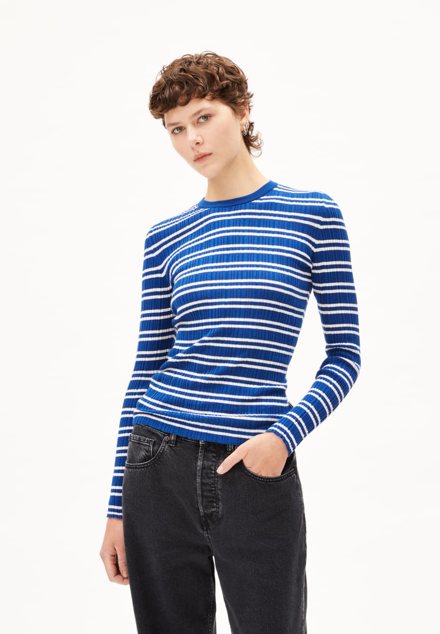 Armedangels - ALAANIA CHIFFRON STR Strick Pullover lapis blue-oatmilk - WERTE FREUNDE