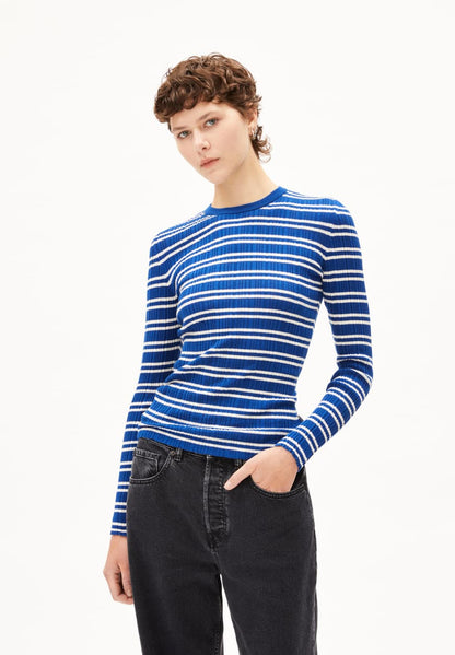 Armedangels - ALAANIA CHIFFRON STR Strick Pullover lapis blue-oatmilk - WERTE FREUNDE