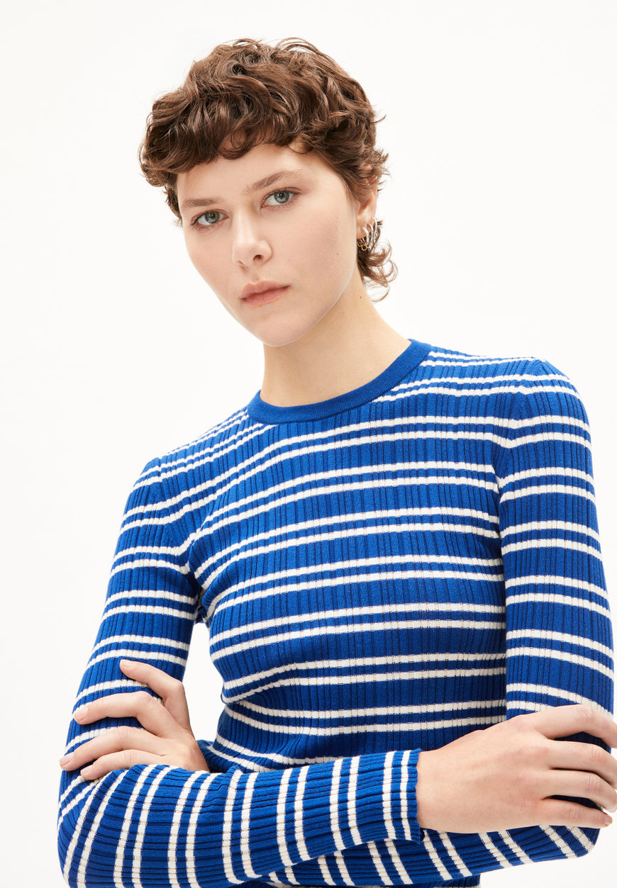 Armedangels - ALAANIA CHIFFRON STR Strick Pullover lapis blue-oatmilk - WERTE FREUNDE