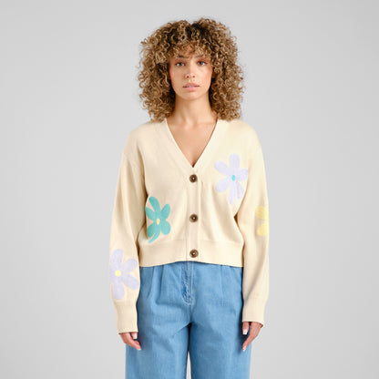 DEDICATED - Cardigan Kanan Application Flower Vanilla Whitecap Gray - WERTE FREUNDE