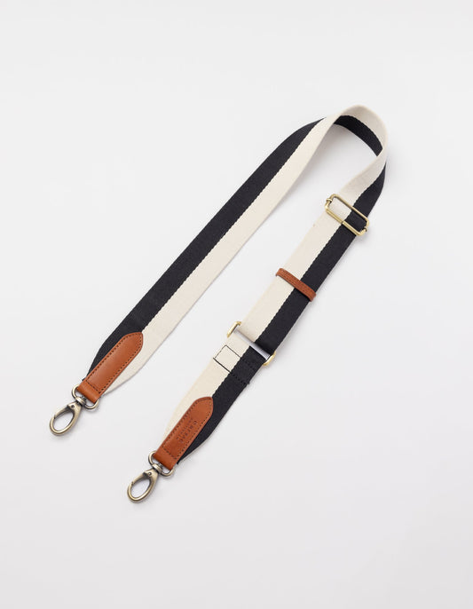 O MY BAG - STRIPED WEBBING STRAP Black / White / Cognac Classic Leather - WERTE FREUNDE