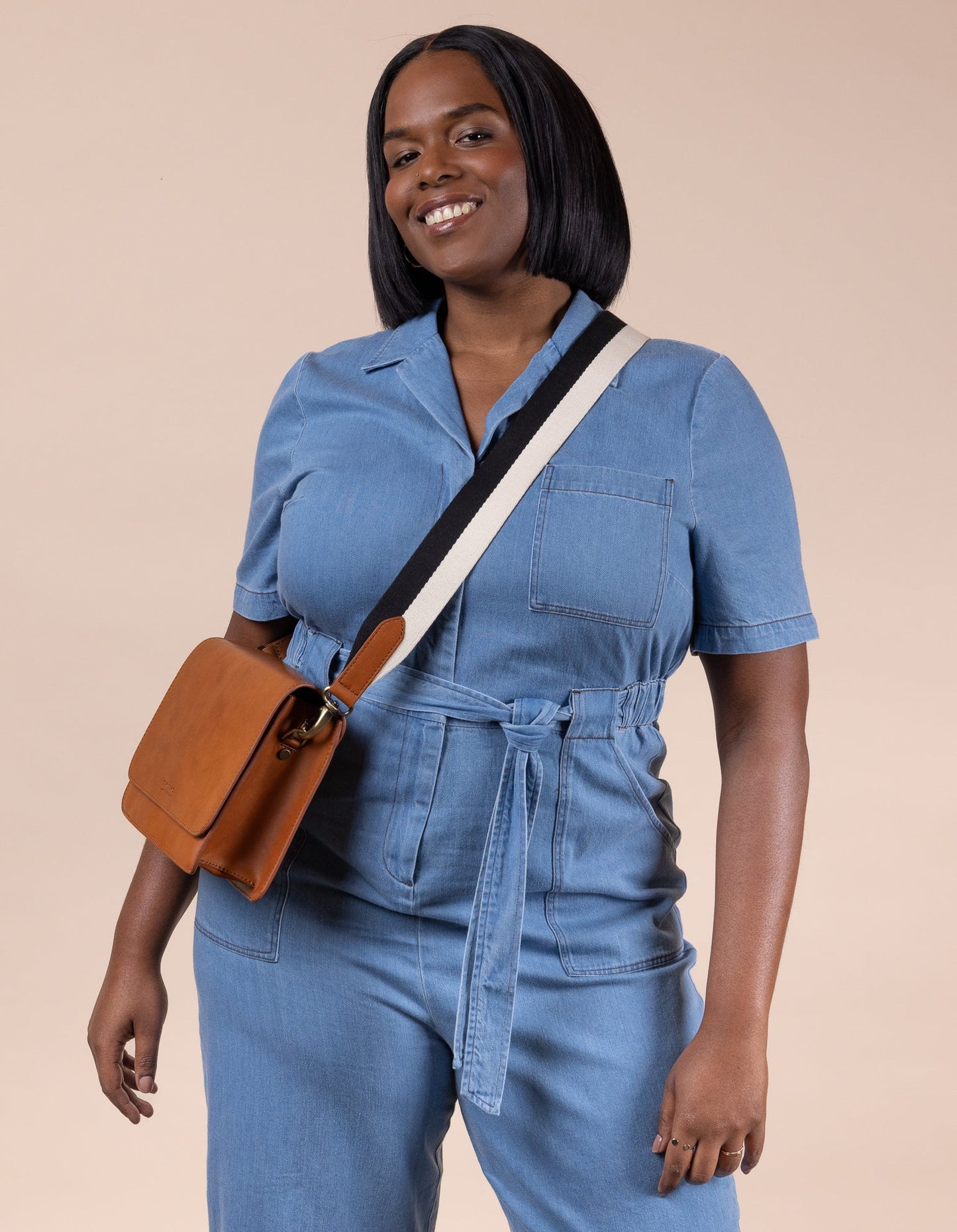 O MY BAG - STRIPED WEBBING STRAP Black / White / Cognac Classic Leather - WERTE FREUNDE