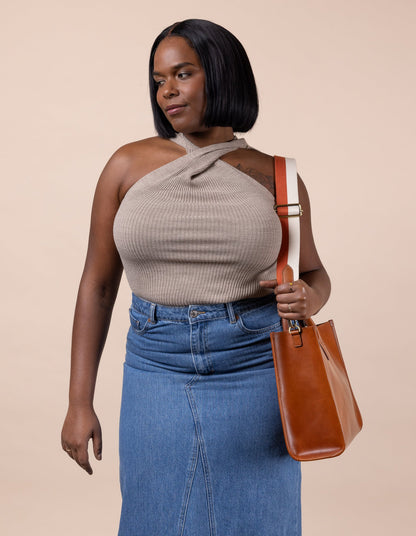 O MY BAG - STRIPED WEBBING STRAP Copper / White / Cognac Classic Leather - WERTE FREUNDE