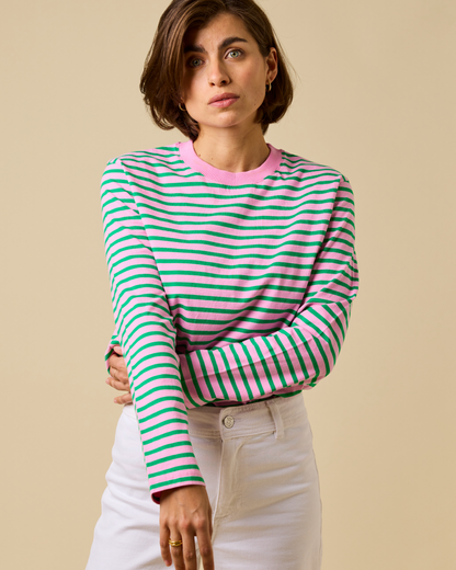 popeia - Langarmshirt Gestreift Pink/Grün - WERTE FREUNDE