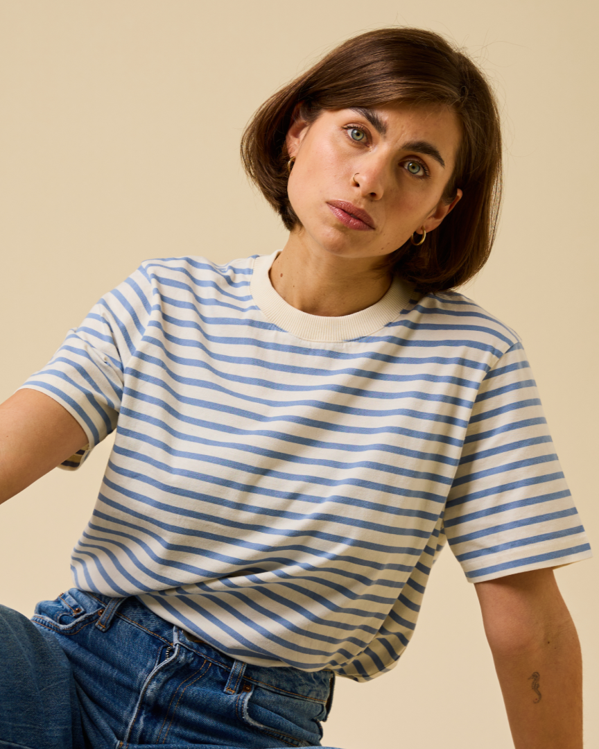 popeia - T-Shirt Gestreift Eisblau/Off-White - WERTE FREUNDE