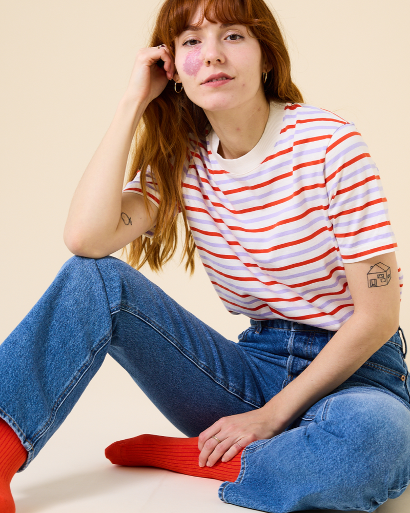 popeia - T-Shirt Gestreift Rot/Lila/Weiß - WERTE FREUNDE