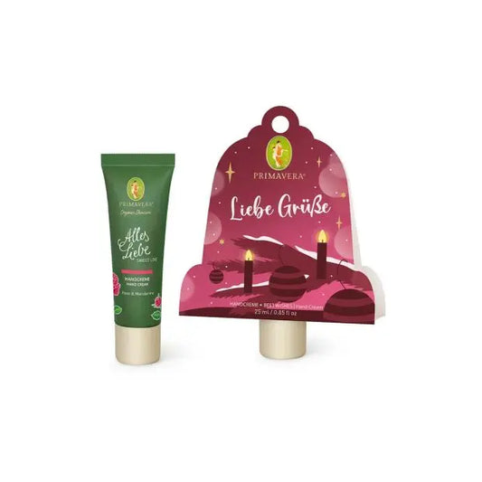 Primavera - Geschenkanh. Liebe Grüße Handcreme Rose & Mandarine 25 ml - WERTE FREUNDE